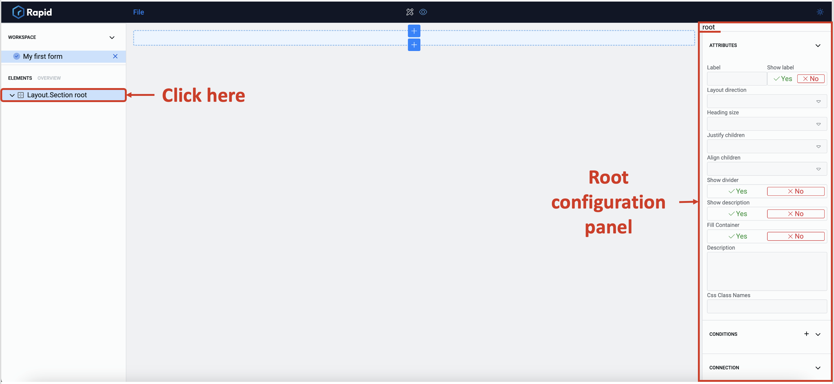 Image showing configuration panel for root section